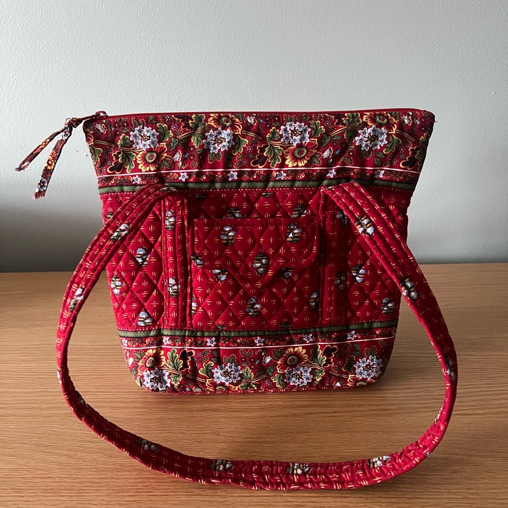 Vintage VERA BRADLEY 2000 Provincial Red Scalloped Small Zip Tote Velcro Pocket